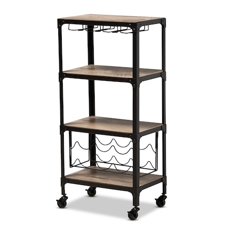 Baxton Studio Swanson Black Metal Distressed Oak Wood Mobile Kitchen Bar Wine Cart 160-9562